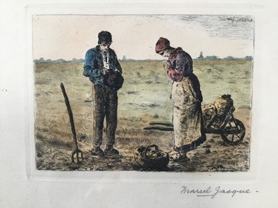 Lot 54 - Marcel Jaques, after Millet, two etchings of labourers, framed and glazed, inscribed in pencil, 9cm x 12cm