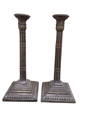 Lot 343 - George III Old Sheffield Plate pair of coloumn candlesticks