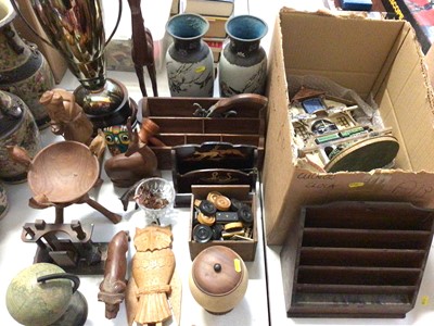 Lot 301 - Large silver plated trophy, pair of cloisonné vases, ostrich egg pot with wooden cover and stand, other treen items, vintage small desk globe, Flying Scotsman cuckoo clock and sundries