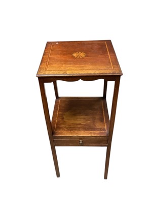 Lot 1265 - Edwardian inlaid mahogany two tier table with single drawer, 32cm wide, together with an antique chair