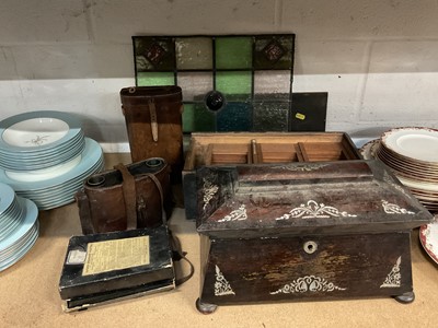 Lot 85 - Sundry items, including antique binoculars, mother of pearl inlaid sarcophagus tea caddy, stained glass panel, etc