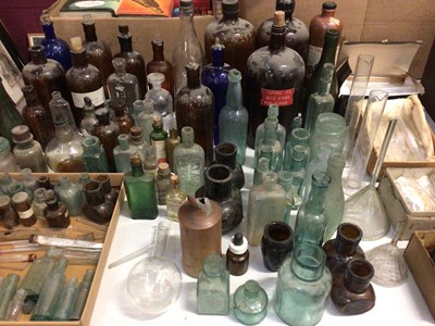 Lot 309 - Large collection of vintage 'poison' and other glass medicine bottles, tubes, funnels etc