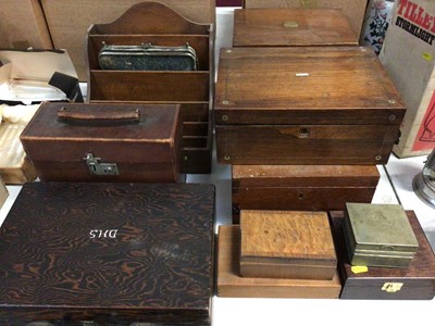 Lot 310 - Group of wooden work boxes, writing slopes, wooden letter rack, leather carry case with applied plaque dated 1908 etc