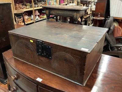 Lot 1308 - Late 17th century carved oak bible box with carved front and iron lock and hinges 69cm wide