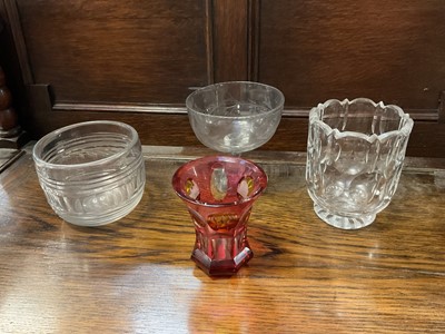 Lot 97 - 19th century flash cut vase dated 1839, etched with various German buildings, together with three other pieces of 19th century glassware (4)