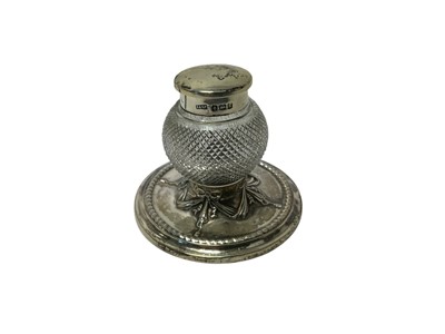 Lot 278 - Cased silver napkin rings together with a tea strainer and silver cut glass ink well