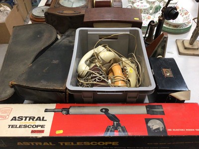 Lot 320 - Group of vintage telephones, vintage radio, Astral Varipower telescope and wooden tripod in box, banjo and mandolin, both cased and other items