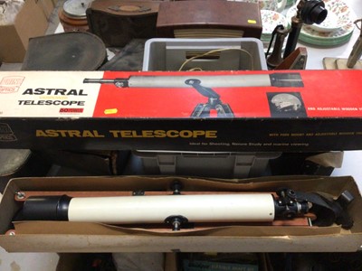 Lot 320 - Group of vintage telephones, vintage radio, Astral Varipower telescope and wooden tripod in box, banjo and mandolin, both cased and other items