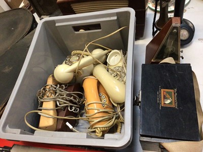 Lot 320 - Group of vintage telephones, vintage radio, Astral Varipower telescope and wooden tripod in box, banjo and mandolin, both cased and other items