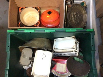 Lot 327 - Group of metalware, watering can, kitchenalia including Le Cruset orange pots and covers, brass etc