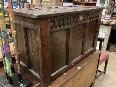 Lot 1354 - 18th century oak coffer with panelled front and rising lid with iron hinges 101cm wide, 49cm deep, 62cm high