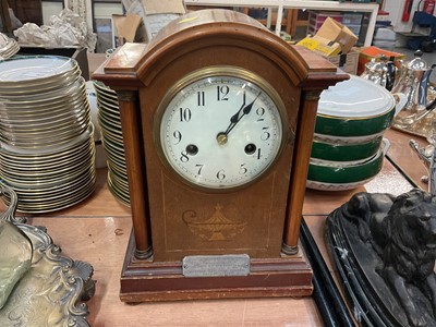 Lot 425 - Early 20th century mahogany cased mantle clock with applied plaque dated 1910.