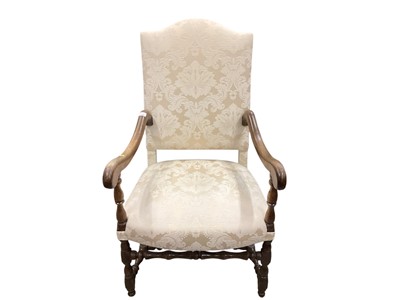 Lot 1365 - 19th century Carolean revival high back elbow chair with cream damask upholstery on turned supports