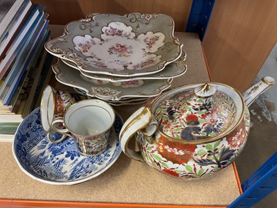 Lot 126 - Group of Regency floral painted tablewares, pattern no 3338, 8 pieces, and small group of Chamberlains Worcester thumb pattern including teapot and two similar cups