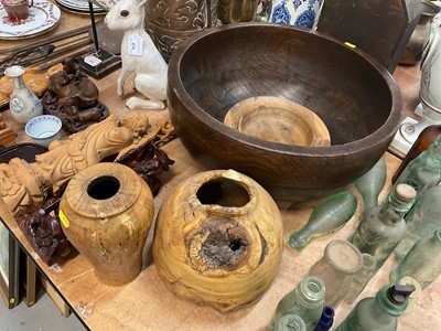 Lot 477 - Large treen bowl, together with elm bowl and other turned wood items (4)