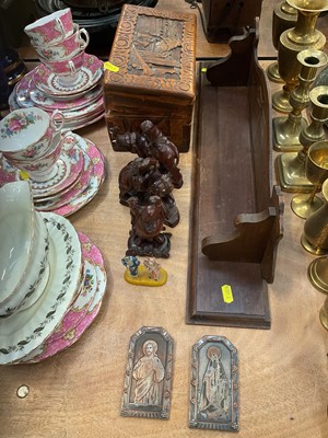 Lot 442 - Mahjong set in carved wooden box, oriental figures, wooden shelf and pair of French engraved religious plaques.