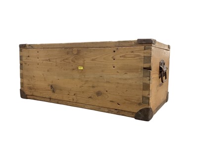 Lot 1339 - Old pine trunk with metal side handles, 74cm wide, 41cm deep, 31cm high