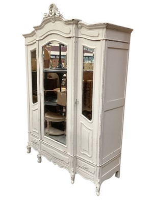 Lot 1368 - Large early 20th century French painted oak armoire with three bevelled mirror doors, three drawers below on scroll feet 240cm high approx., 167cm wide, 60cm deep