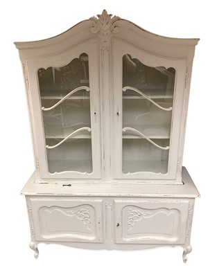 Lot 1370 - French white painted display case with two glazed doors and two doors below on scroll feet 132cm wide, 169cm high