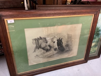 Lot 467 - 20th century pencil study of horses, dated 1970 and other pictures and prints.