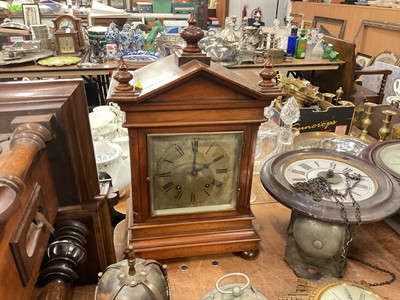 Lot 484 - Late 19th century mahogany cased mantel clock of architectural form with silvered dial.