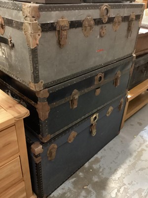 Lot 1386 - Three vintage cabin trunks, largest measuring 101cm wide, 51cm deep, 50.5cm high