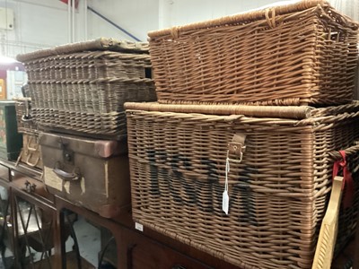 Lot 1387 - Fortnum & Mason wicker hamper, together with other wicker hampers, old trunk and a painted chest (7)