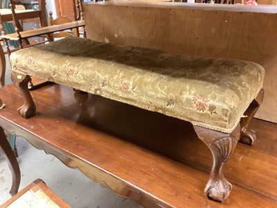 Lot 1400 - Duet footstool with floral upholstery on cabriole legs with claw and ball feet, 95cm wide, 38cm deep, 33cm high