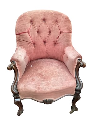 Lot 1404 - Victorian mahogany framed button back easy chair with pink upholstery