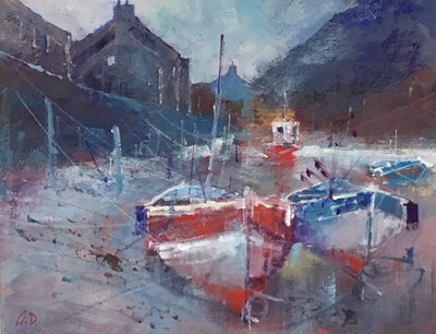 Lot 31 - Graham Duckmanton (b.1946) oil on paper - Low Tide Staithes, signed with initials, 19cm x 24cm, in glazed frame