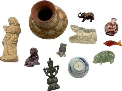 Lot 781 - Group of Oriental and other objet d'art, including an Indian bronze deity, carved stone Madonna, jade figures, Nanking tea bowl, etc