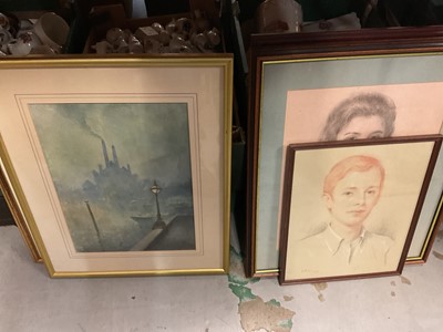 Lot 536 - Group of pictures and prints to include engravings, pastel portraits, watercolours and an impasto oil.