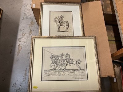 Lot 736 - Pen, ink and wash drawing of a knight on horseback together with another pen and ink of knights and horses (2).