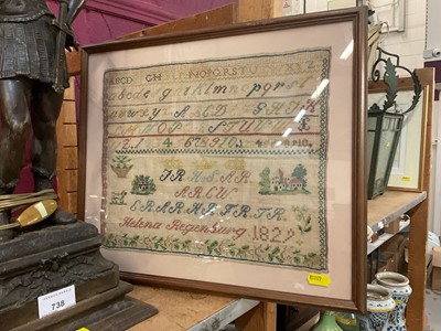 Lot 739 - George IV needlework sampler by Helena Regenburg, dated 1829, mounted in glazed frame.