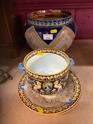 Lot 758 - Royal Doulton stoneware Jardinere and French fiancé glazed Jardinere and plates (4).