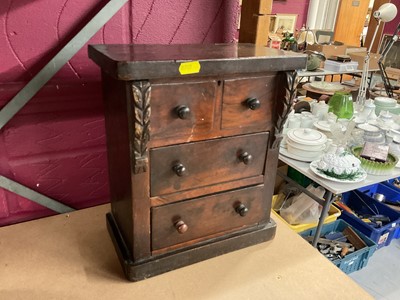 Lot 765 - Victorian mahogany jewellery box in the form of a miniature chest of draws.