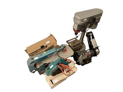 Lot 829 - Draper 16" fretsaw together with Wickes pillar drill,Performance Power 150mm bench grinder & 50mm Sander, Ponceuse Triangulaire, Black & decker grinder and wood planer