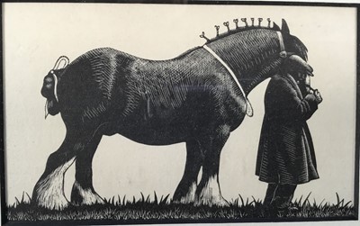 Lot 36 - Clare Leighton (1898-1989) two woodcuts, first editions - Shire Horse, 1937, and Sharpening the Scythe, 1935, in glazed frames (17cm x 22cm overall) (2)