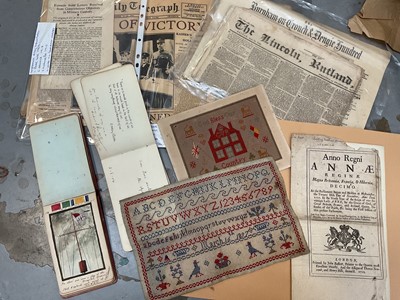 Lot 361 - Collection of ephemera, including newspapers covering the 1926 general strike, Boer War, 1930 airship crash, etc, together with Edwardian sketchbook, Vicotiran sampler, etc