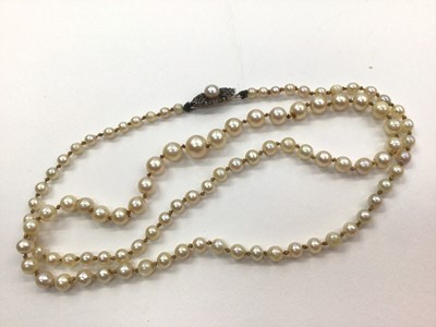 Lot 1107 - Single string graduated cultured pearl necklace with marcasite clasp