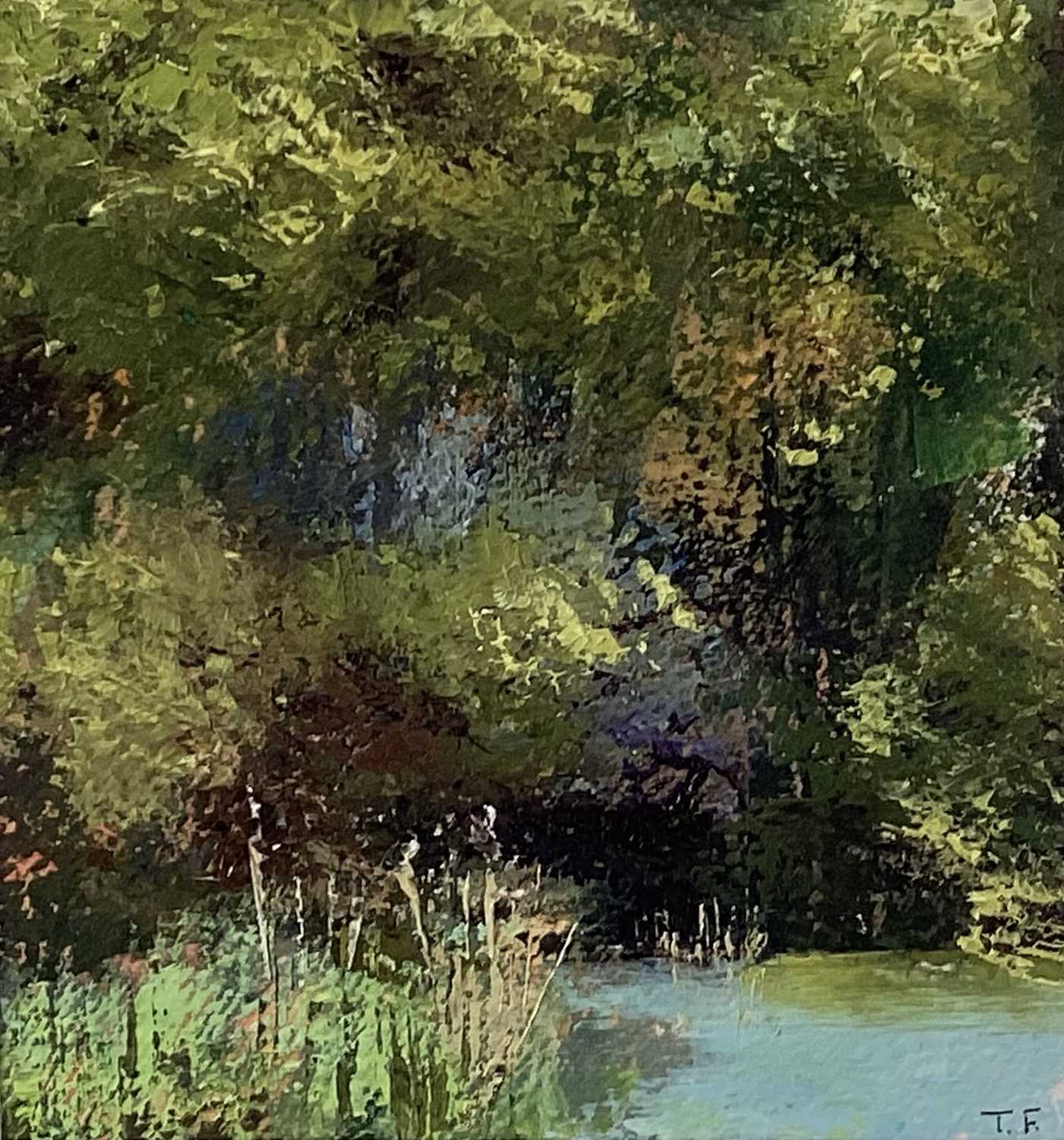 Lot 45 - Terry Field oil on paper and a 20th Century limited edition print - The Secret Fishing Lake, signed with initials, and ‘Sheltered Gate, signed indistinctly