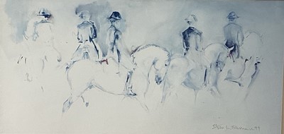 Lot 46 - Lydia Kiernan signed limited edition print of figures on horseback, 24cm x 49cm, together with a large ink sketch of a fishmarket, 29cm x 68cm, in glazed frames (2)