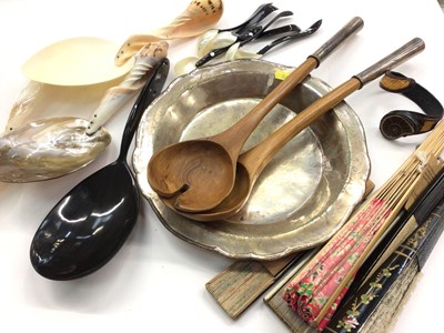 Lot 43 - Pair of silver (Peru 925) mounted wooden salad servers, mother of pearl and shell serving spoons and others, plated dish, group of fans etc