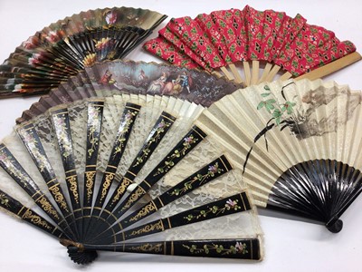 Lot 43 - Pair of silver (Peru 925) mounted wooden salad servers, mother of pearl and shell serving spoons and others, plated dish, group of fans etc
