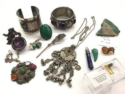 Lot 1117 - Group of silver and white metal jewellery set with semi precious stones including malachite, pair of amber earrings, amethyst pendant etc