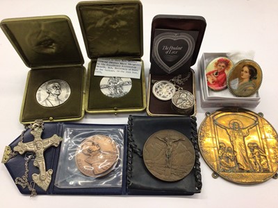 Lot 365 - Group of religious medallions, necklace, pill pot etc and two portrait miniature brooches