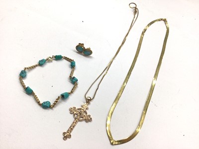 Lot 1121 - 9ct rose gold cross pendant on 9ct gold chain, 9ct gold necklace, yellow metal and turquoise stone bracelet and pair yellow metal opal doublet earrings