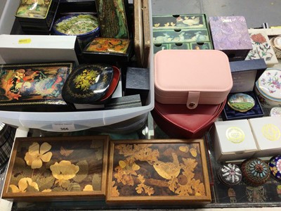 Lot 366 - Collection of jewellery and trinket boxes, two David Owen marquetry wooden boxes, cloisonné, enamel, ceramic and other boxes