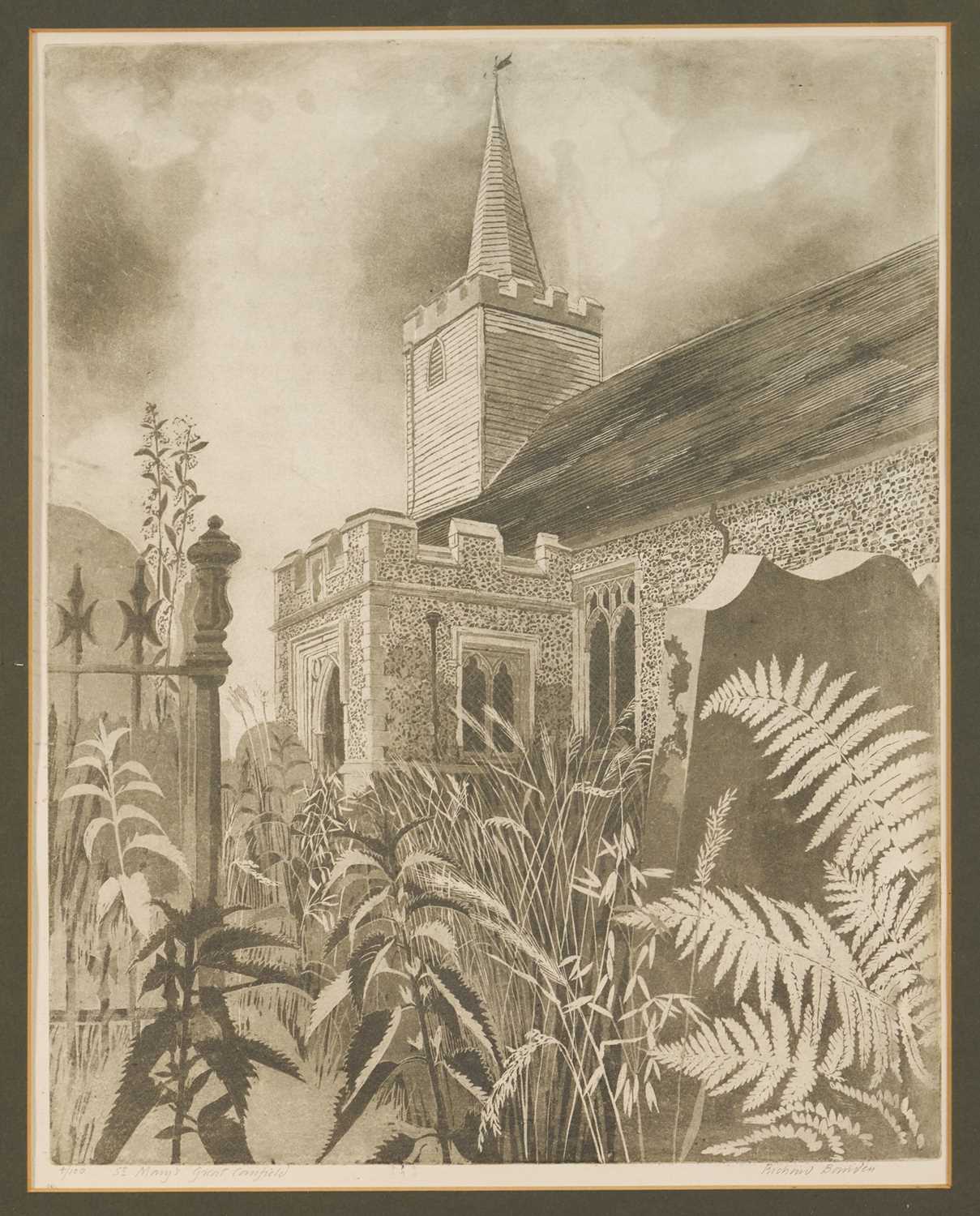 Lot 1193 - *Richard Bawden (1936-2024) signed limited edition etching - St Mary's, Great Canfield, 4/100, 50cm x 40cm, in glazed frame