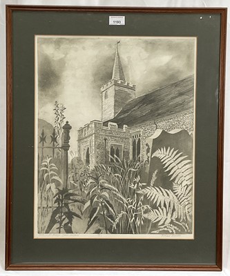 Lot 1193 - *Richard Bawden (1936-2024) signed limited edition etching - St Mary's, Great Canfield, 4/100, 50cm x 40cm, in glazed frame